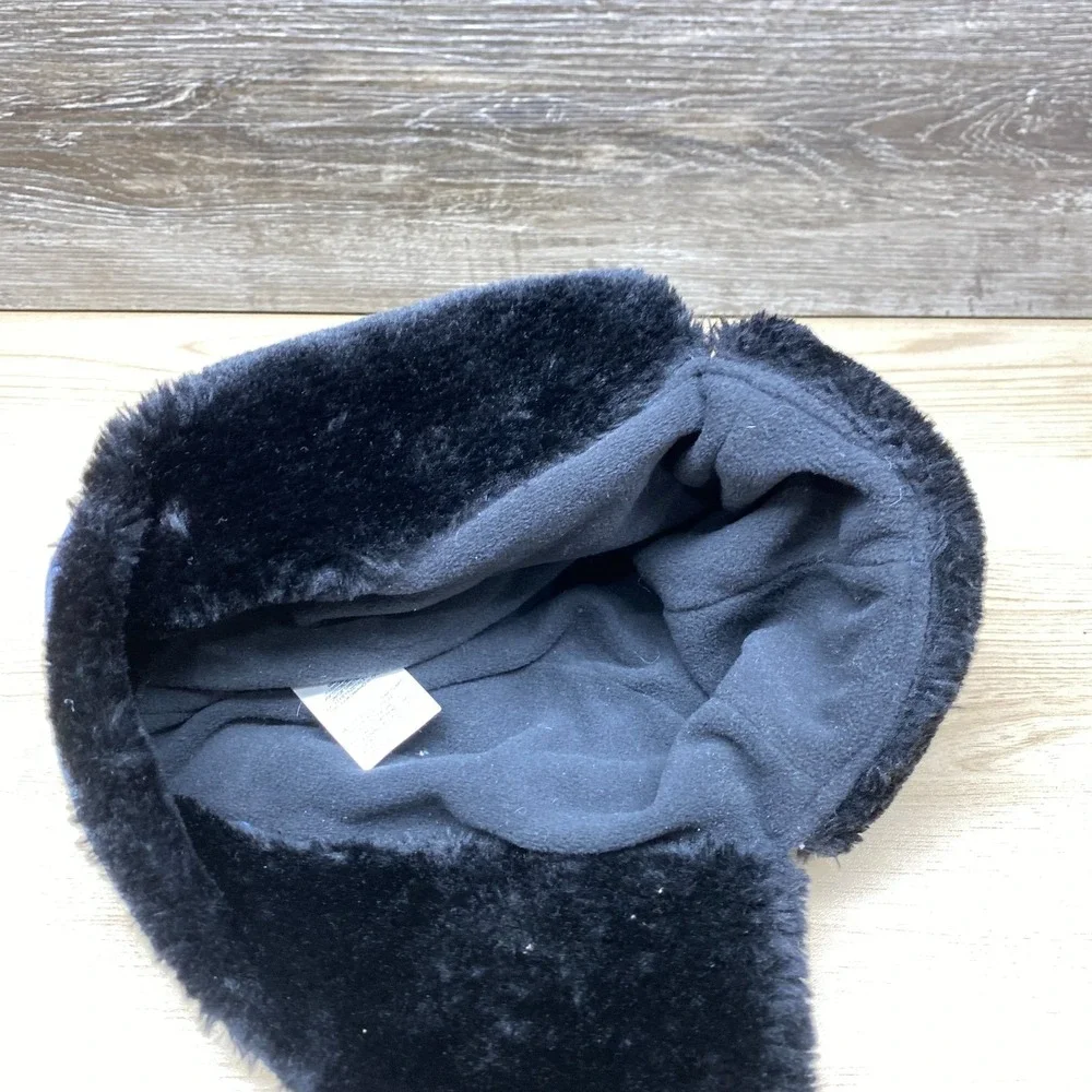 The North Face Hat Cap Trapper Blue Black Denim Faux Fur Ear Flap Winter Outdoor